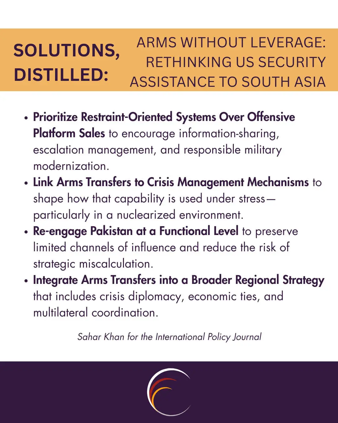 1. Prioritize Restraint-Oriented Systems Over Offensive Platform Sales to encourage information-sharing, escalation management, and responsible military modernization.
2. Link Arms Transfers to Crisis Management Mechanisms to shape how that capability is used under stress—particularly in a nuclearized environment.
3. Re-engage Pakistan at a Functional Level to preserve limited channels of influence and reduce the risk of strategic miscalculation.
4. Integrate Arms Transfers into a Broader Regional Strategy that includes crisis diplomacy, economic ties, and multilateral coordination.