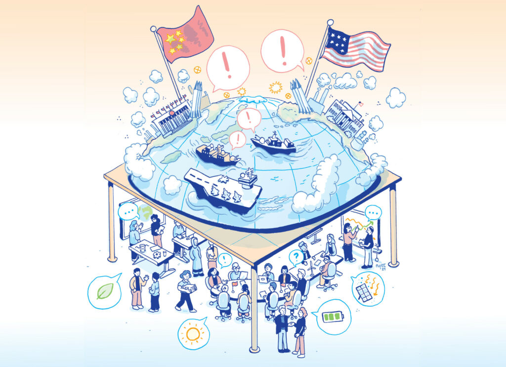 In the top half of the image, a hemisphere globe shows the navies of China and the United States shouting at each other across the Pacific Ocean. (Tiny F-35s are pictured on an aircraft carrier). This hemisphere rests on top of a table, and beneath it lots of people can be seen talking, working together, and collaborating on projects like renewable energy, in stark contrast to the tensions above.